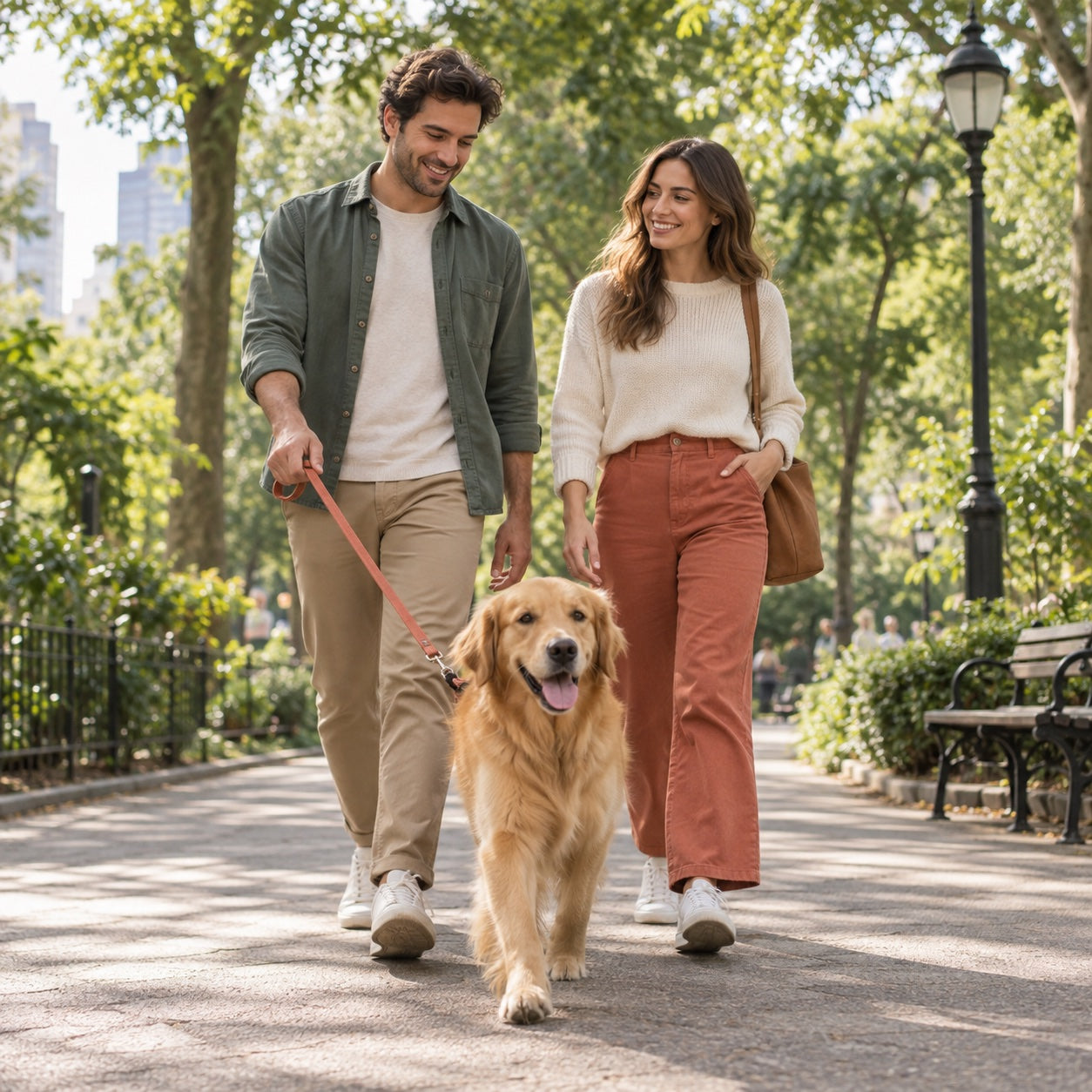 Couple walking a dog in the park