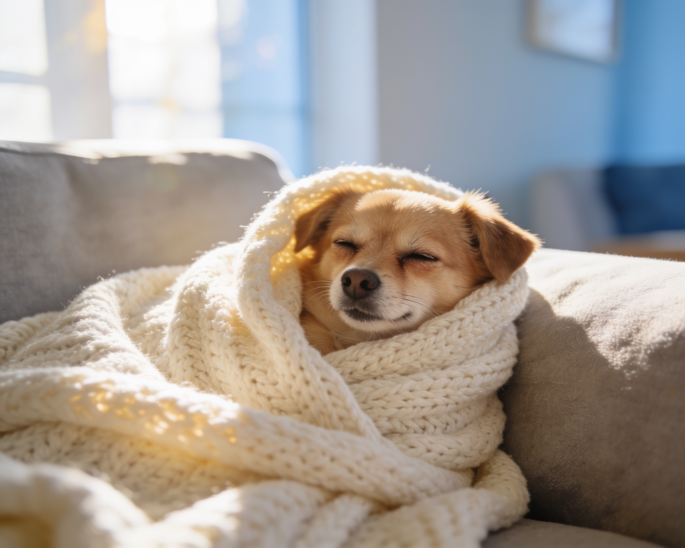 Dog snuggled in a soft blanket