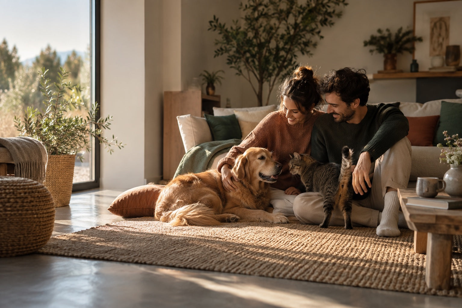 A couple at home with their dog and cat