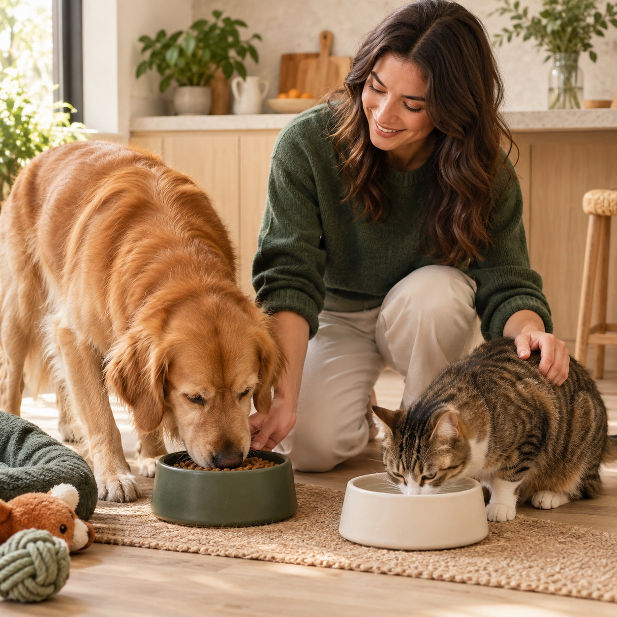 Dog and cat beside feeding bowls