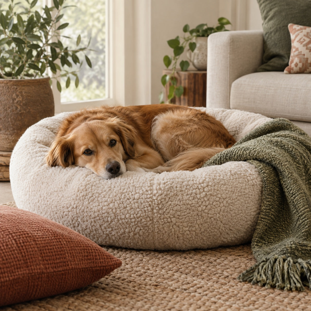 Dog resting comfortably in a soft bed