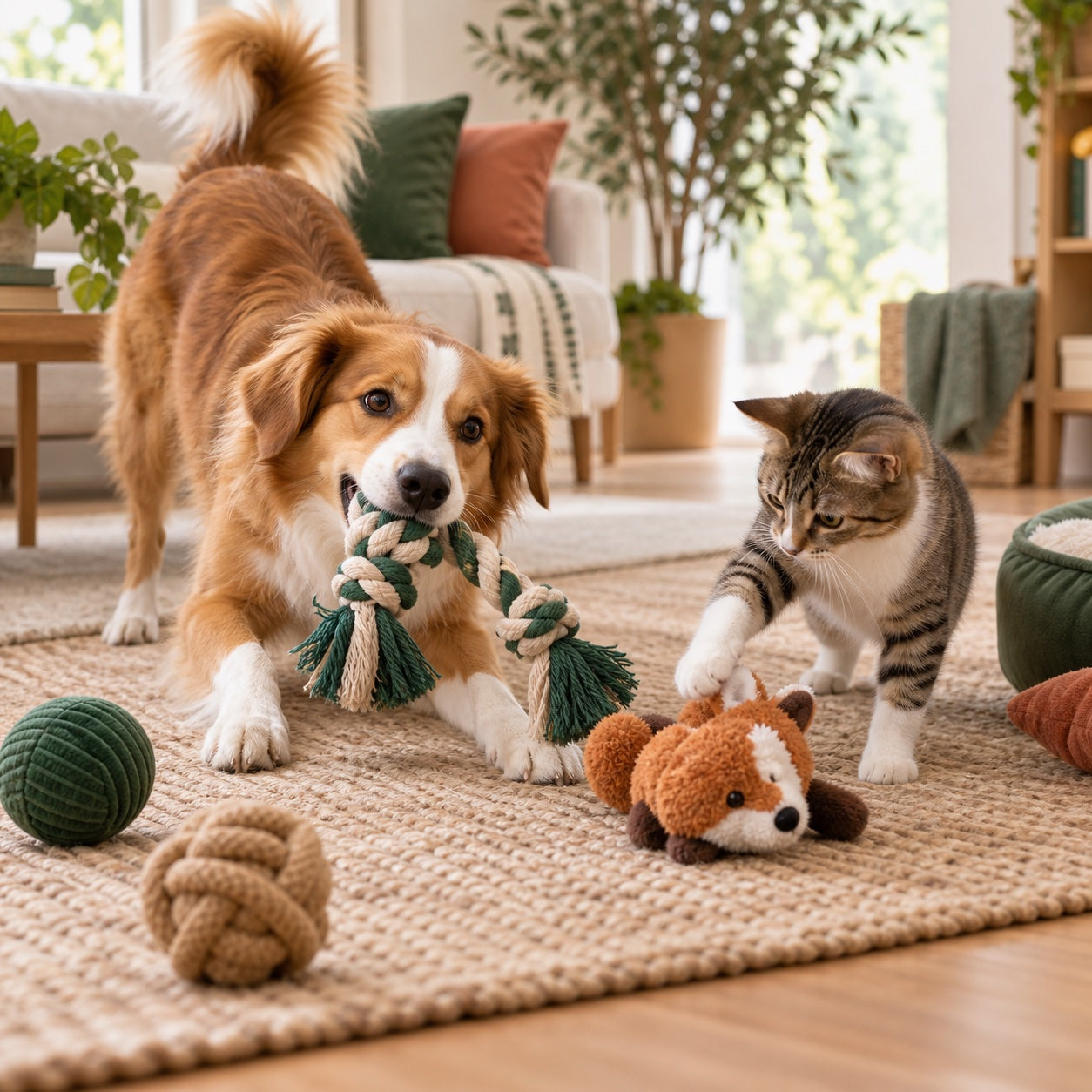 Dog and cat playing with toys