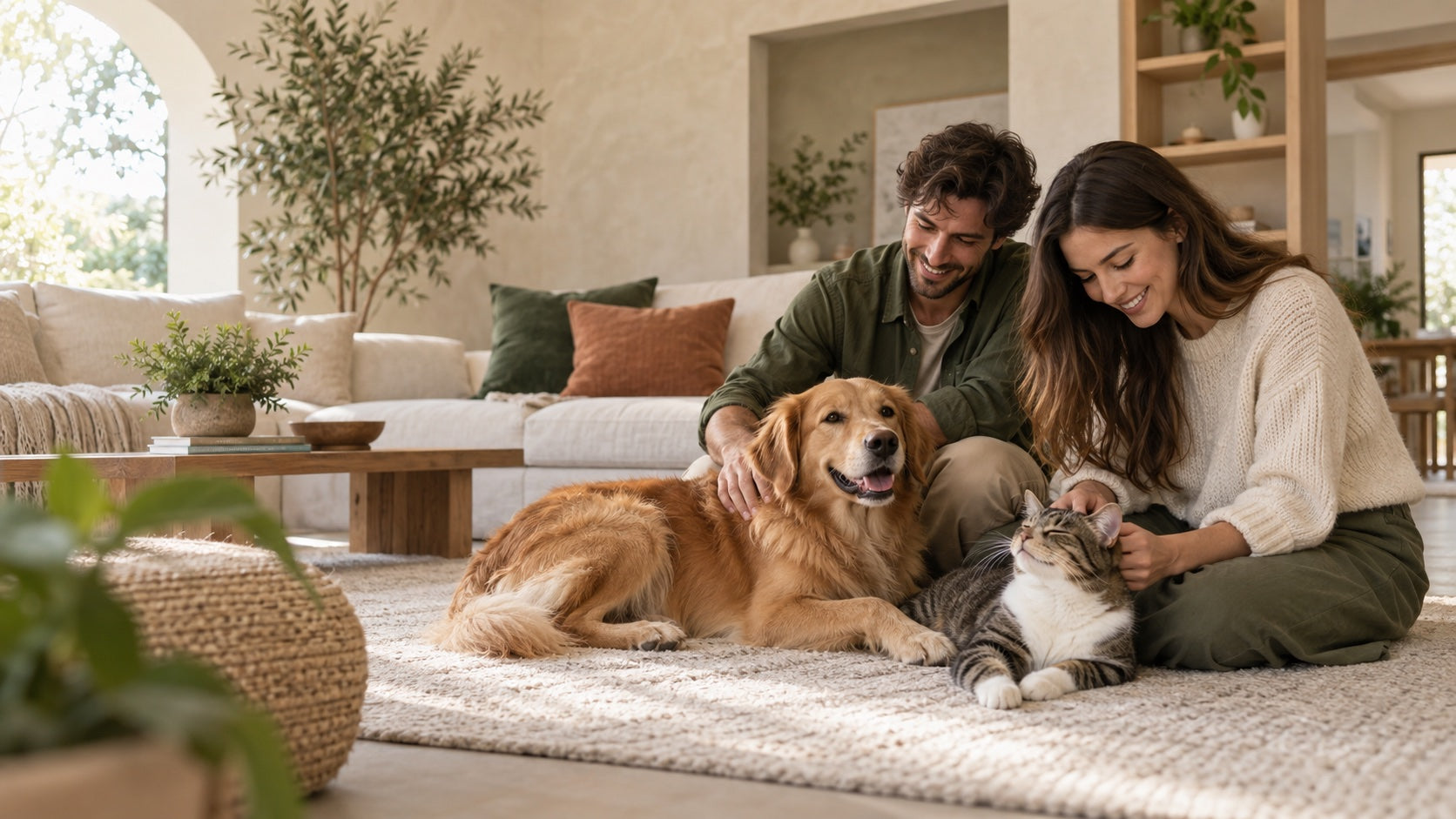 A couple relaxing at home with their dog and cat
